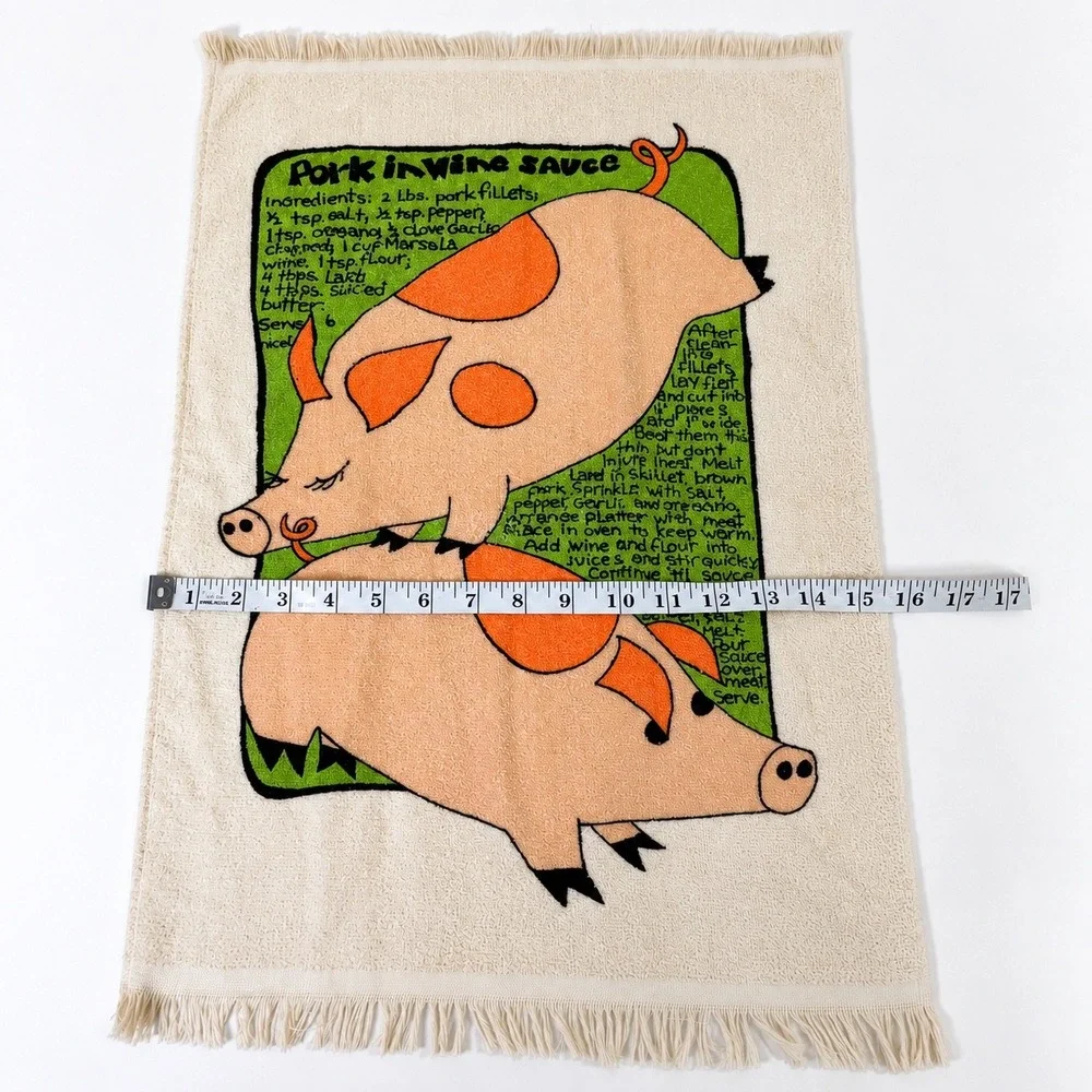 Vtg USA Made Pig Recipe Kitchen Towel Pork in Wine Sauce Fringed Retro Kitsch